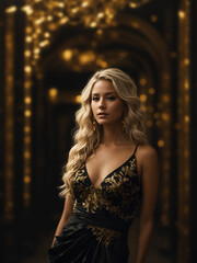 Naklejka premium Beautiful blonde in a black dress with golden patterns