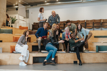 Fototapeta premium Diverse group of businesspeople taking a selfie, creating memories, before brainstorming at modern office