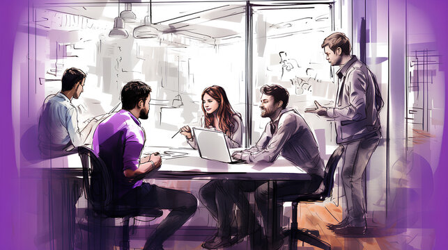 illustration an people presentation in startup office, watercolor and pencil