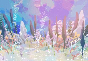 神秘的な海底の珊瑚や海藻のイラスト