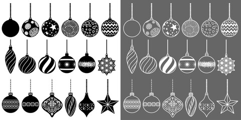 Ensemble de pictogrammes de boules de Noël aux formes et motifs diverses et variés - une série noire et une série aux contours blancs.