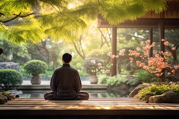 In a serene garden, a Buddhist practitioner sits in meditation, finding inner peace amidst the tranquility.