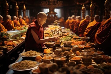 At a Buddhist temple, worshippers offer food as an act of reverence. The arrangement of fruits, flowers, and dishes is a tangible representation 