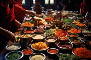 At a Buddhist temple, worshippers offer food as an act of reverence. The arrangement of fruits,...