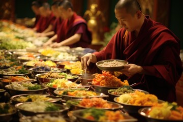 At a Buddhist temple, worshippers offer food as an act of reverence. The arrangement of fruits, flowers, and dishes       
