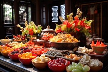 Fototapeta na wymiar At a Buddhist temple, worshippers offer food as an act of reverence. The arrangement of fruits, flowers, and dishes 