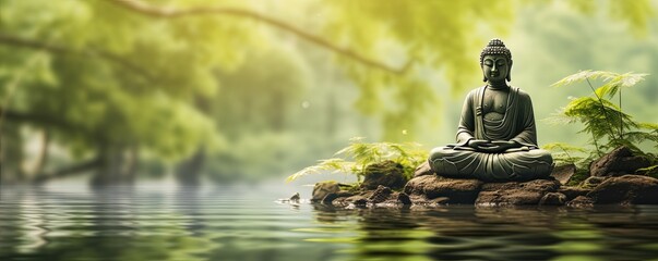 Buddha statue on the shore of a lake in bamboo forest.