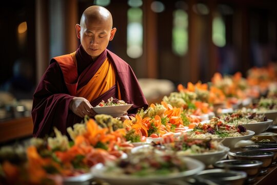 At a Buddhist temple, worshippers offer food as an act of reverence. The arrangement of fruits, flowers, and dishes is a tangible representation of devotion 