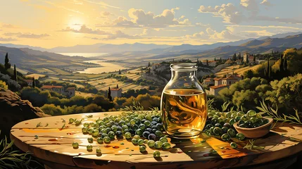 Gordijnen Olive oil in the foreground against the background of an autumn landscape © aviavlad