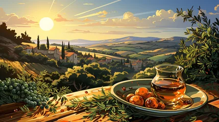 Fotobehang Olive oil in the foreground against the background of an autumn landscape © aviavlad