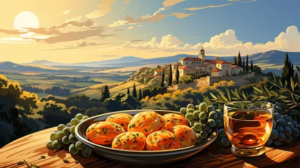 Poster Olive oil in the foreground against the background of an autumn landscape © aviavlad