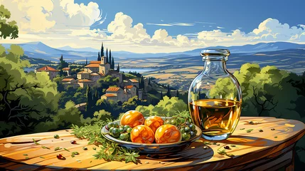 Fotobehang Olive oil in the foreground against the background of an autumn landscape © aviavlad