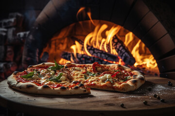 rustic wood-fired pizza oven in action, with flames dancing around the pizza as it bakes to perfection, emphasizing the authenticity and flavor of pizzaiola cooking - obrazy, fototapety, plakaty