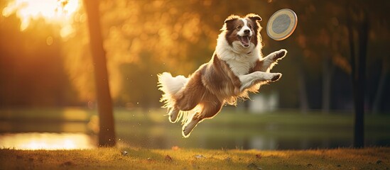 Canine catching flying disk while playing outside in park Sporting success
