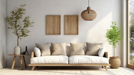 Rustic interior design of modern living room with beige fabric sofa and cushions.
