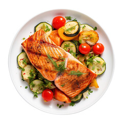 grilled salmon steak with vegetables isolated on transparent background Remove png, Clipping Path
