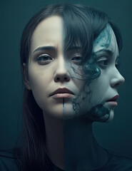Illustration of a split personality, portrait of a girl looking forward and sideways at the same time. Dark colors, psychological problems. - obrazy, fototapety, plakaty