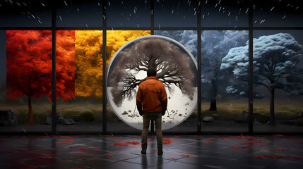 4 seasons, man standing in front of portal to winter