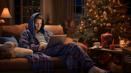Obraz premium Man enjoying online Christmas sale while sitting on his sofa