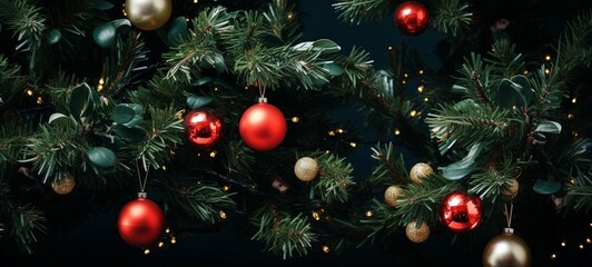 Fototapeta na wymiar Close Up Realistic Christmas Tree with Abundant Decorations. Festive Holiday Charm 