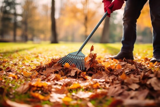 man with a fan rake picking up fallen leaves in autumn