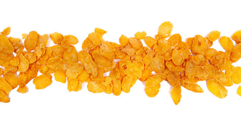 Crunchy corn flakes line, cereal, muesli pile isolated on white, top view
