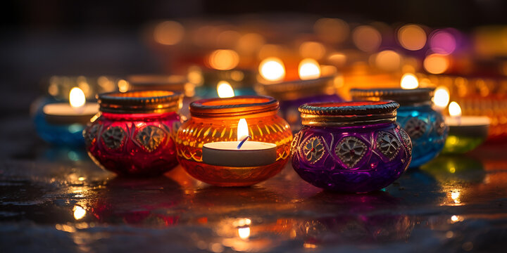A Diya oil lamp, Diwali concept, blurred Hindu festival of lights celebration background. AI generative