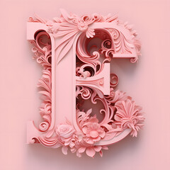 The Capital letter E in serif font made by art nouveau style in pink flower background