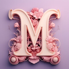 The Capital letter M in serif font made by art nouveau style in pink flower background