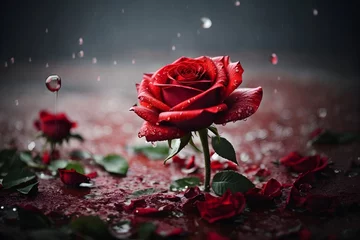 Foto op Plexiglas Red rose closeup with water drops. Generative AI. © Jolie