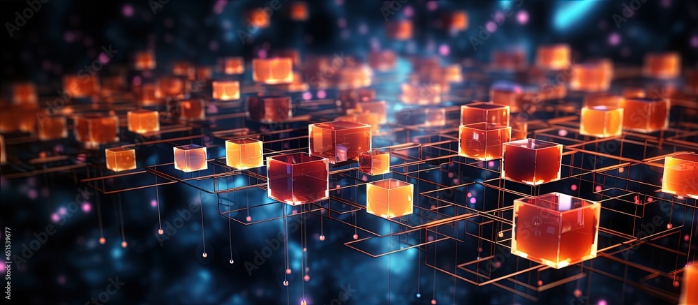 Poster futuristic block chain concept with abstract cube shape lines and dots
