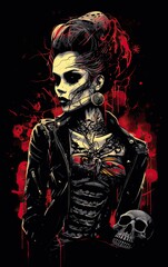 Naklejka na ściany i meble Abstract Grunge drawing of a tattooed psychobilly skeleton female pin-up wearing a leather jacket in a cemetery with Halloween elements, vintage Halloween postcard, horror Halloween style.