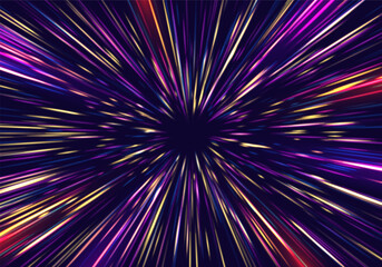 Portal with light effects. Neon futuristic tunnel. Abstract visualization of teleportation. Galactic background. Speed concept. Vector illustration.