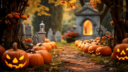 Path through cemetery bordered with pumpkins during Halloween