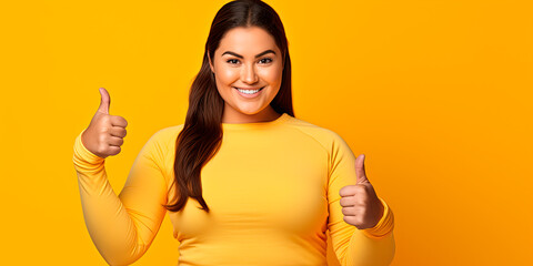 Young happy plump plus size woman showing thumbs up isolated on plain yellow background - obrazy, fototapety, plakaty