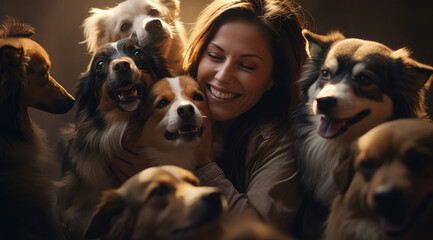 woman with many cats or dogs hugging each other, animal lover, animal rescue house
