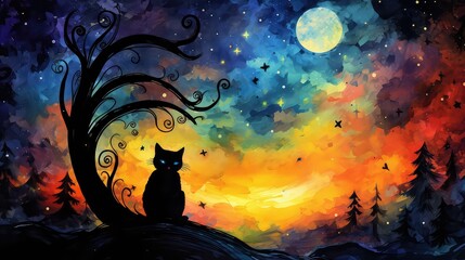 Illustration of a black cat under a tree silhouette staring at a rainbow colored watercolor or northern lights night sky, concept for halloween, autumn, aurora borrealis.  - obrazy, fototapety, plakaty