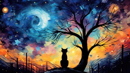 Illustration of a black cat under a tree silhouette staring at a rainbow colored watercolor or northern lights night sky, concept for halloween, autumn, aurora borrealis.  - obrazy, fototapety, plakaty