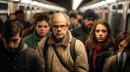 Crowd of people in the subway metro in rush hour, Everybody is tired.