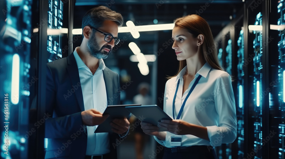 Aufkleber Two IT administrator man and woman using a digital tablet while working in a data centre.