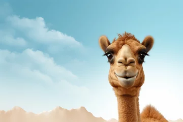 Foto op Plexiglas Funny cute camel on blue sky background. 3D Rendering © Graphicsstudio 5