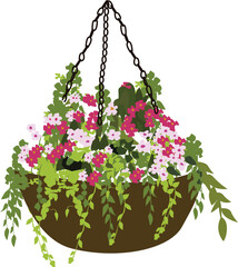 flowers in a basket, vector hanging basket 