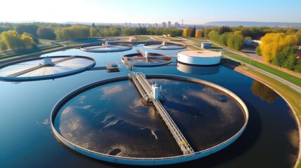 Aerial view to sewage treatment plant. The Solid Contact Clarifier Tank type Sludge Recirculation process in Water Treatment plant. - obrazy, fototapety, plakaty