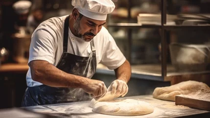 Papier Peint photo Pain Baker are kneading dough and baking bread in a kitchen at bakery restaurant.