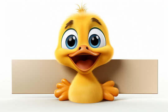 3d rendered illustration of duckling cartoon character with blank sign board