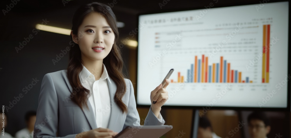 Aufkleber asian businesswoman manager holding presentation of growth concept idea in front of shareholders in 