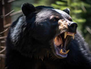 Close up Asian black bear growling in the forest, wildlife view from nature