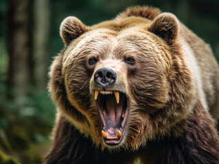 Close up Brown bear growling in the forest, wildlife view from nature - obrazy, fototapety, plakaty