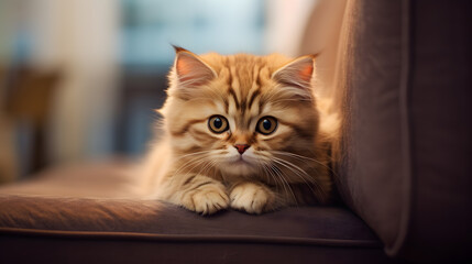 portrait of a small kitten sitting sadly on the floor of the house alone