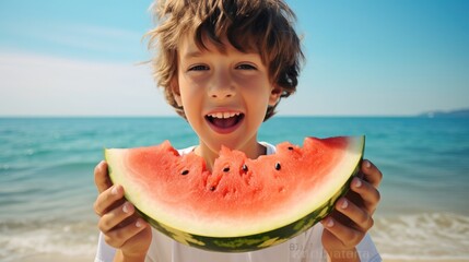 Happy little boy eating watermelon on the beach, Eating and enjoying.